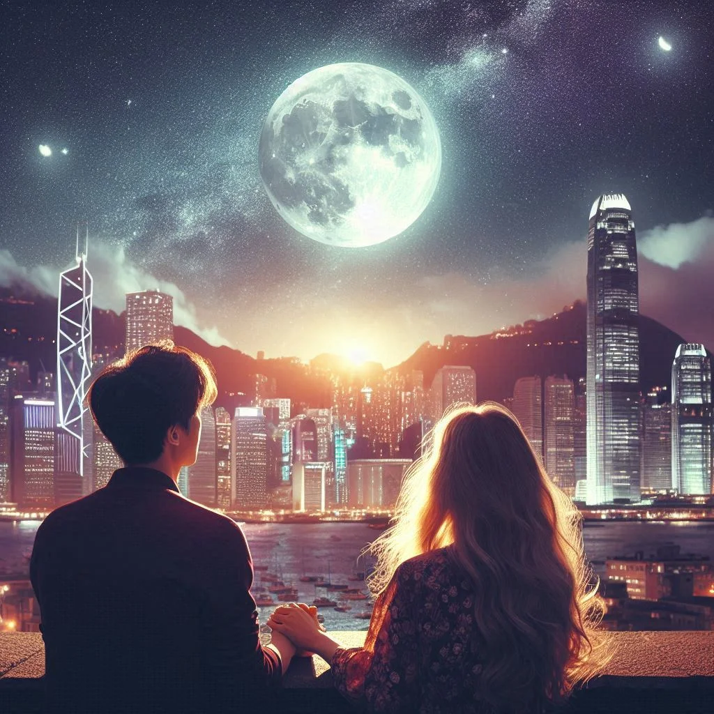 A couple admiring the moon.

